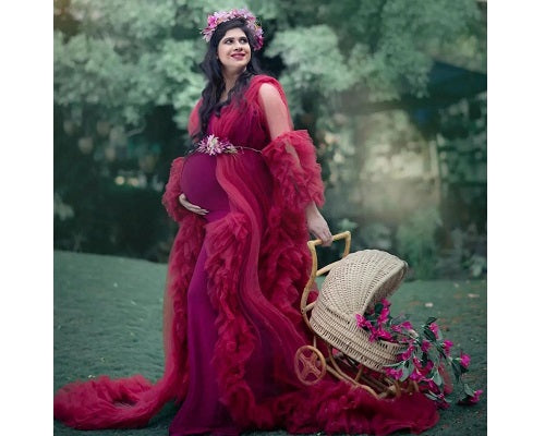 G448, Wine Ruffled Maternity Shoot Gown, Size: All, Color: All