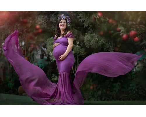G218,Purple Maternity Shoot Trail Baby Shower Lycra Fit Gown, Size: All, Color: All