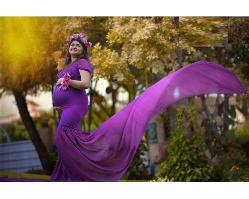 G218,Purple Maternity Shoot Trail Baby Shower Lycra Fit Gown, Size: All, Color: All