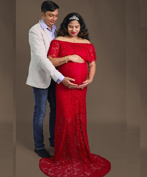 G408, Wine Lace Os Maternity Shoot Trail Baby Shower Lycra Body Fit Gown, Size: All, Color: All