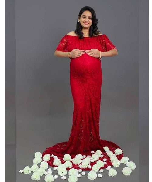 G408, Wine Lace Os Maternity Shoot Trail Baby Shower Lycra Body Fit Gown, Size: All, Color: All