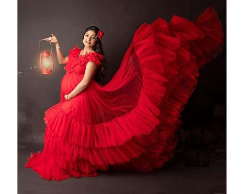 G655, Red Ruffled Maternity Shoot Trail Gown Size: All, Color: All