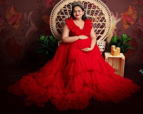 G655, Red Ruffled Maternity Shoot Trail Gown Size: All, Color: All