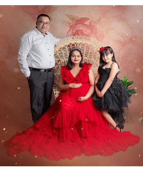 G655, Red Ruffled Maternity Shoot Trail Gown Size: All, Color: All