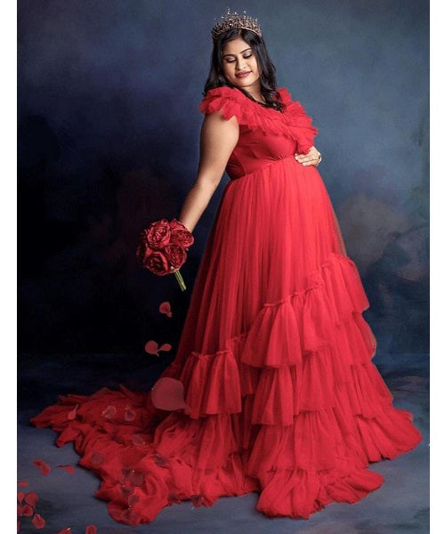 G655, Red Ruffled Maternity Shoot Trail Gown Size: All, Color: All