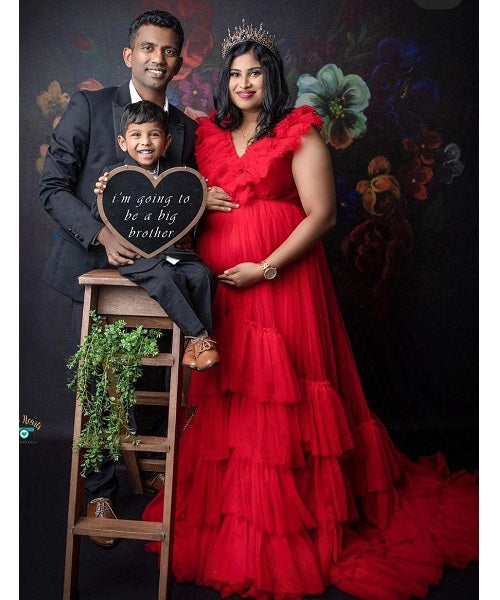 G655, Red Ruffled Maternity Shoot Trail Gown Size: All, Color: All