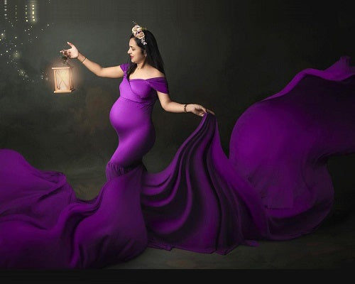G218,Purple Maternity Shoot Trail Baby Shower Lycra Fit Gown, Size: All, Color: All