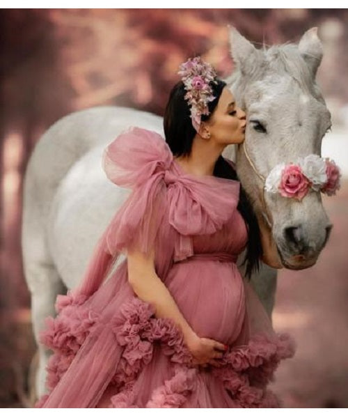 G878, Peach Ruffled Maternity Shoot Gown With Inner, Size: All, Color: All