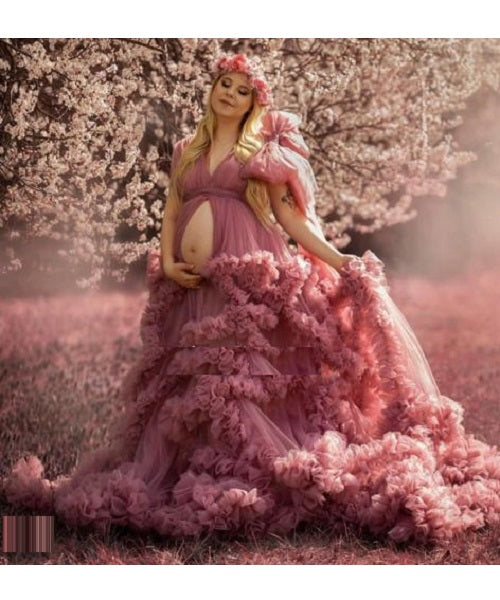 G878, Peach Ruffled Maternity Shoot Gown With Inner, Size: All, Color: All