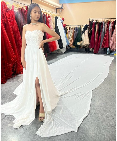 W224, White Tube Lace Top Georgette Long Trail Prewedding Shoot Gown, Size: All, Color: All