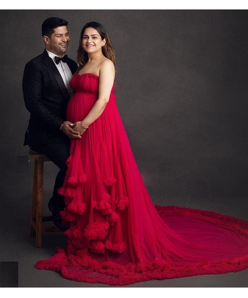 G768, Red Tube Ruffled Pre-wedding Trail Gown Size: All, Color: All
