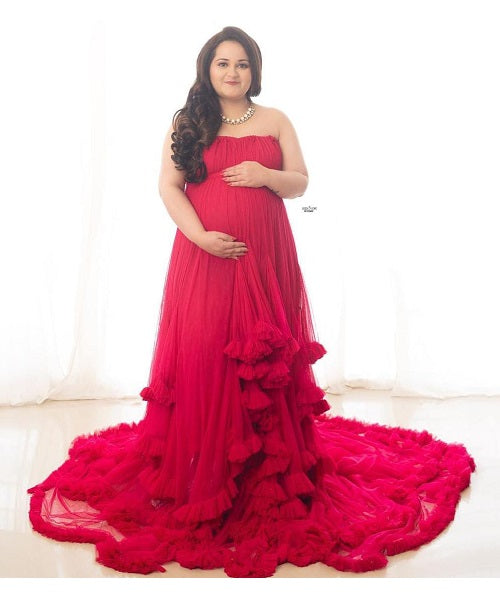 G768, Red Tube Ruffled Pre-wedding Trail Gown Size: All, Color: All