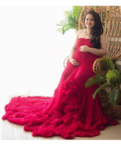 G768, Red Tube Ruffled Pre-wedding Trail Gown Size: All, Color: All