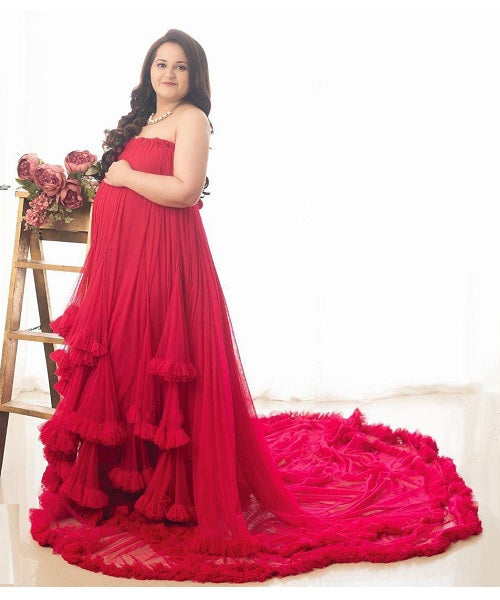 G768, Red Tube Ruffled Pre-wedding Trail Gown Size: All, Color: All