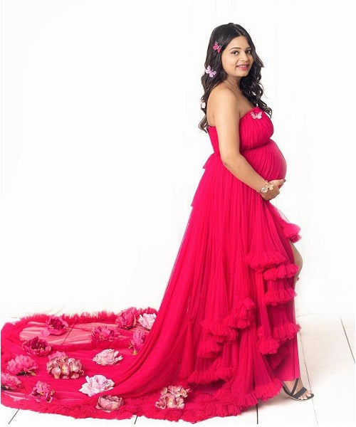 G768, Red Tube Ruffled Pre-wedding Trail Gown Size: All, Color: All