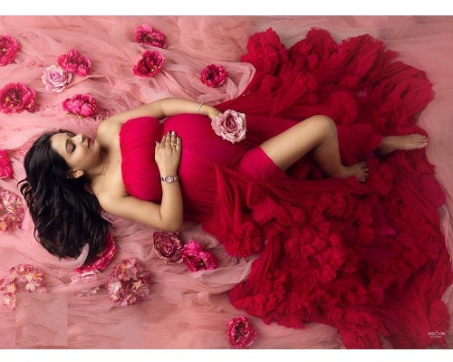 G768, Red Tube Ruffled Pre-wedding Trail Gown Size: All, Color: All