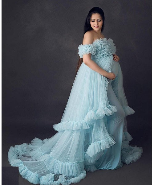 G325, Ice Blue Ruffled Maternity Shoot Gown, Size: All, Color: All