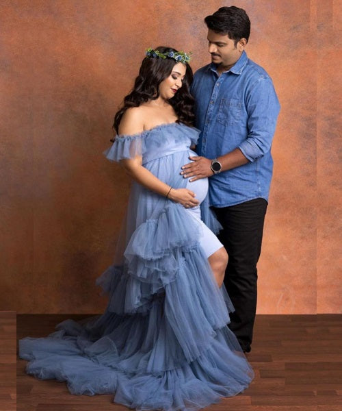 G452, Smooth Grey Ruffled Slit Cut Maternity Shoot Gown, Size: All, Color: All
