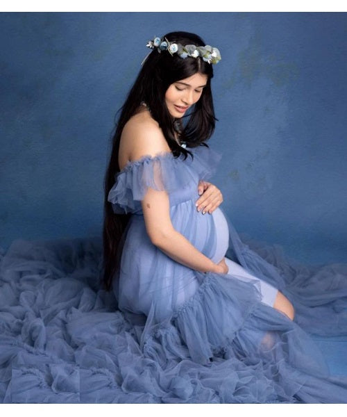 G452, Smooth Grey Ruffled Slit Cut Maternity Shoot Gown, Size: All, Color: All