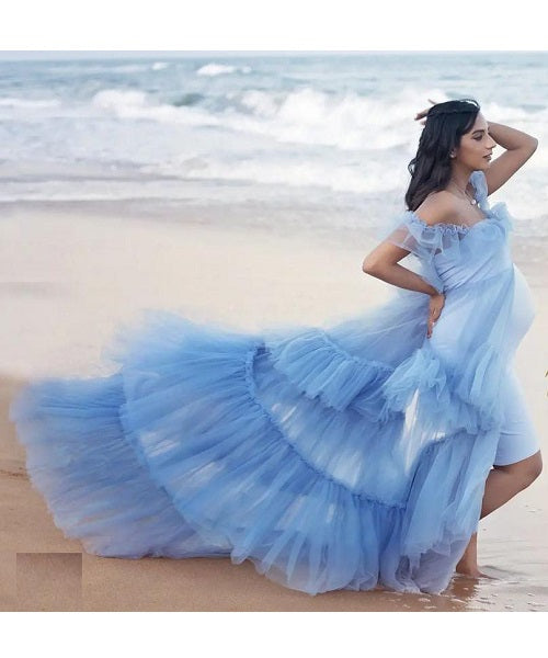 G452, Smooth Grey Ruffled Slit Cut Maternity Shoot Gown, Size: All, Color: All
