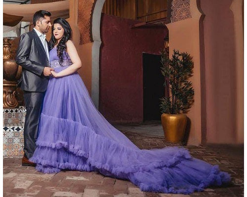 G240, Luxury Purple Ruffle Long Trail Ball Gown Size: All, Color: All