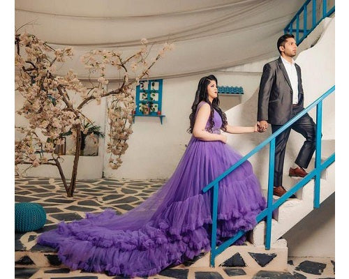 G240, Luxury Purple Ruffle Long Trail Ball Gown Size: All, Color: All