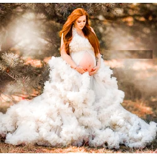 W558, White Ruffled Maternity Shoot Baby Shower Trail Gown Size: All, Color: All