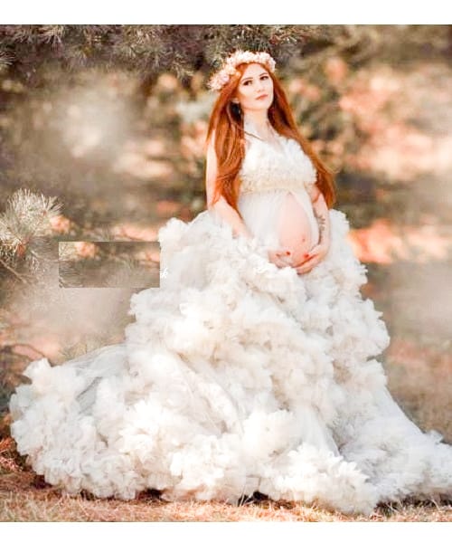 W558, White Ruffled Maternity Shoot Baby Shower Trail Gown Size: All, Color: All