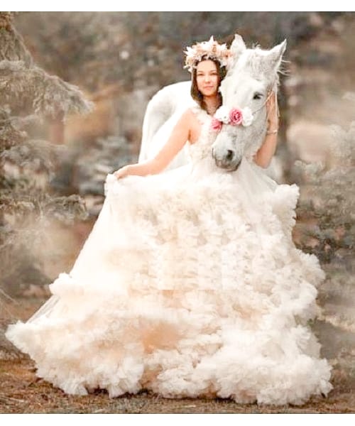 W558, White Ruffled Maternity Shoot Baby Shower Trail Gown Size: All, Color: All