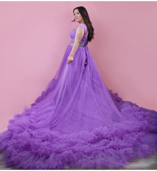 G240, Luxury Purple Ruffle Long Trail Ball Gown Size: All, Color: All
