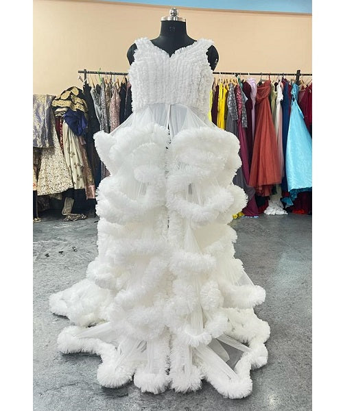 W558, White Ruffled Maternity Shoot Baby Shower Trail Gown Size: All, Color: All