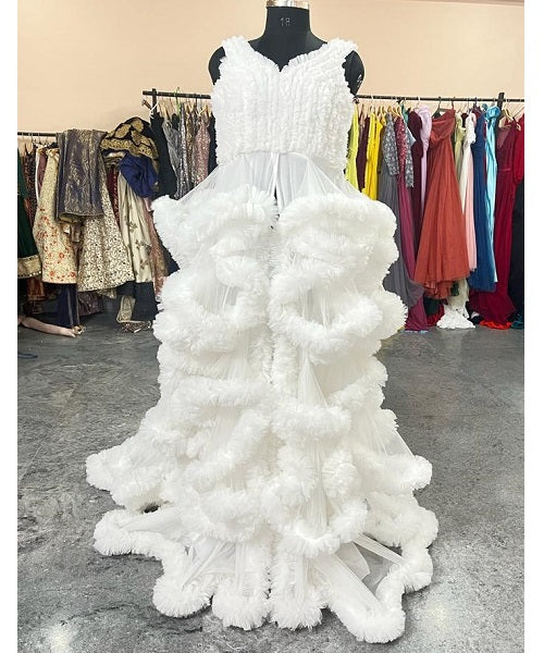 W558, White Ruffled Maternity Shoot Baby Shower Trail Gown Size: All, Color: All