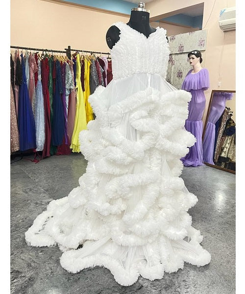 W558, White Ruffled Maternity Shoot Baby Shower Trail Gown Size: All, Color: All