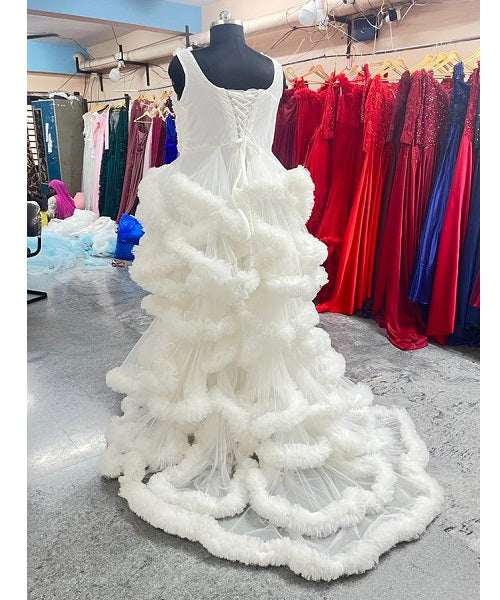 W558, White Ruffled Maternity Shoot Baby Shower Trail Gown Size: All, Color: All