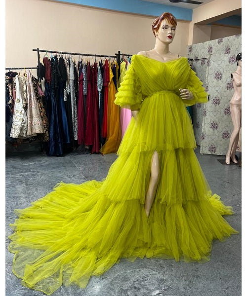 G552, Green Tea Ruffled Slit Cut Maternity Shoot Gown, Size: All, Color: All