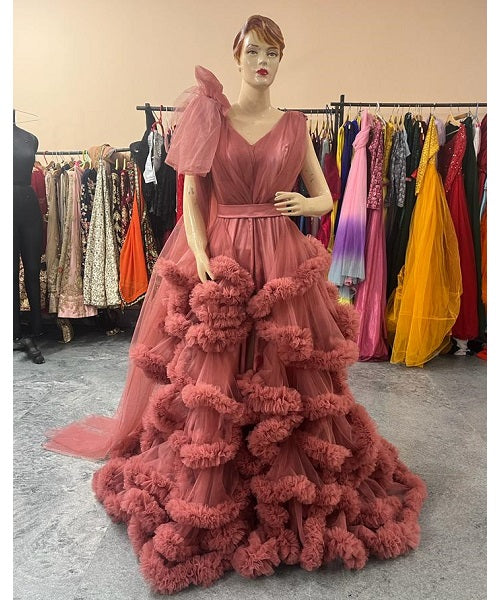 G878, Peach Ruffled Maternity Shoot Gown With Inner, Size: All, Color: All