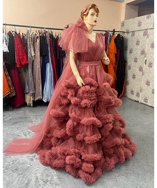 G878, Peach Ruffled Maternity Shoot Gown With Inner, Size: All, Color: All