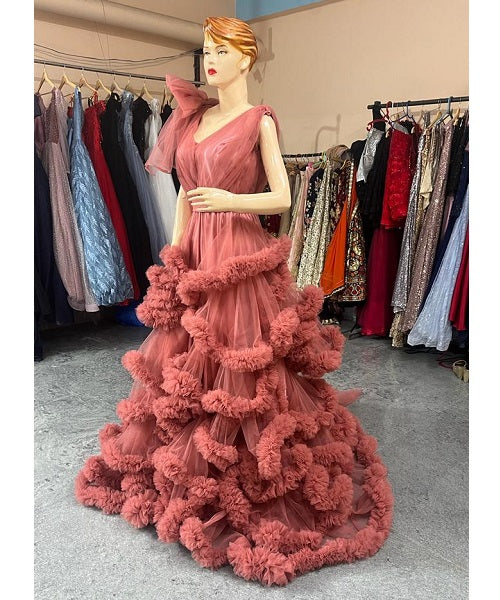 G878, Peach Ruffled Maternity Shoot Gown With Inner, Size: All, Color: All