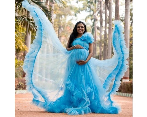 G125, Blue Ruffled Maternity Shoot Gown, Size: All, Color: All