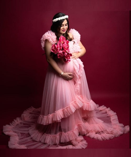 G525, Pink Ruffled Maternity Shoot Gown, Size: All, Color: All