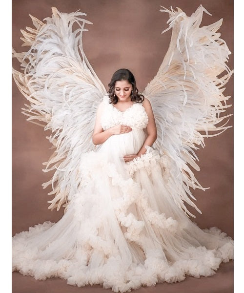 W558, White Ruffled Maternity Shoot Baby Shower Trail Gown Size: All, Color: All