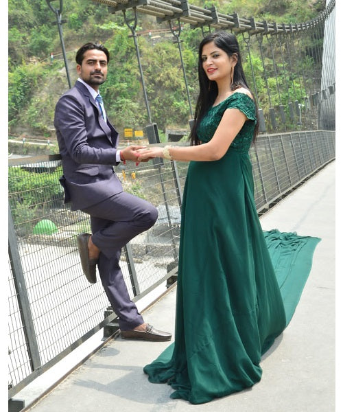 G800, Bottle Green Prewedding Infinity Long Trail Gown, Size: All, Color: All