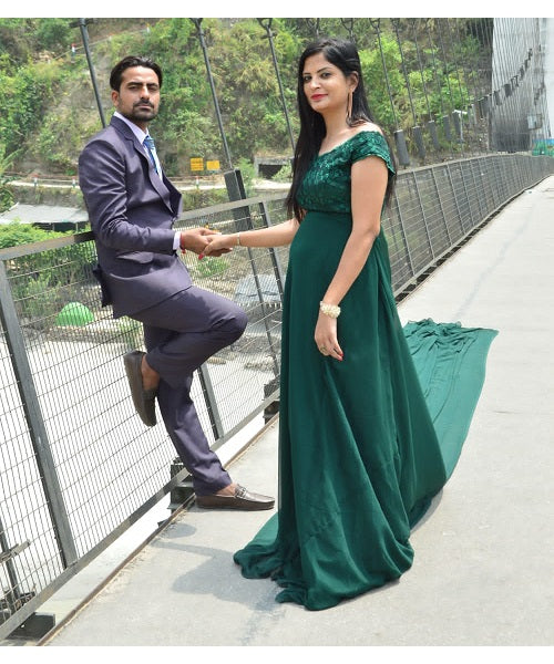 G800, Bottle Green Prewedding Infinity Long Trail Gown, Size: All, Color: All