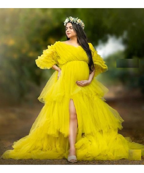 G552, Green Tea Ruffled Slit Cut Maternity Shoot Gown, Size: All, Color: All