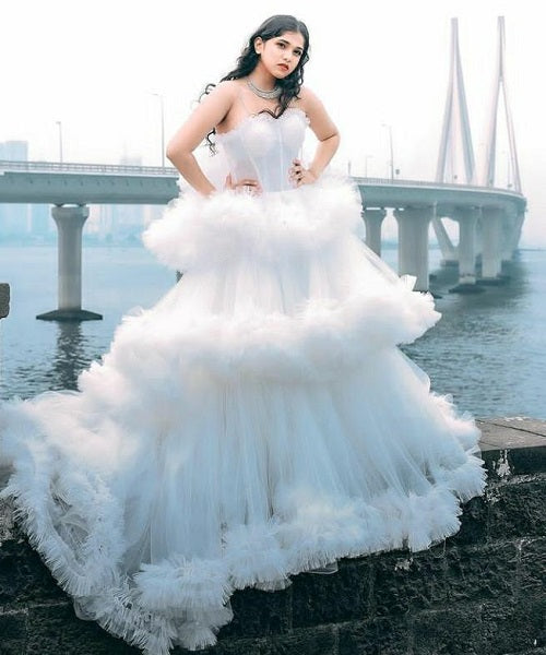 W259, White Tube Ruffled Ball Gown, Size: All, Color: All