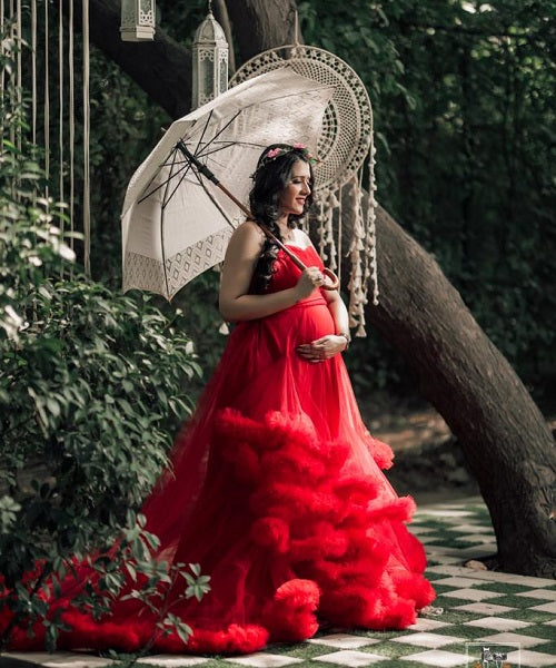 G768, Red Tube Ruffled Pre-wedding Trail Gown Size: All, Color: All