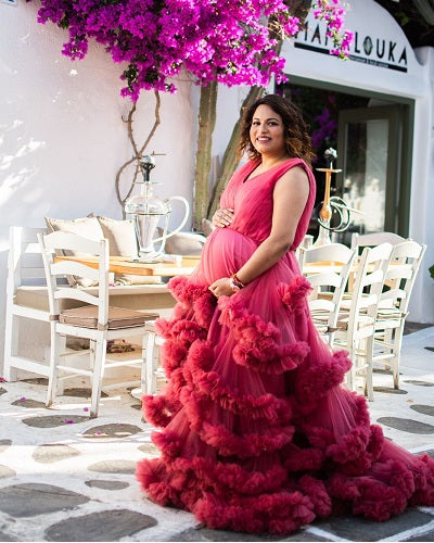 G978, Red Wine Puffy Maternity Shoot Baby Shower Trail Gown Size: All, Color: All