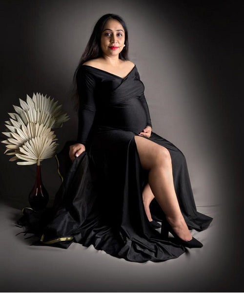 G106, Black Slit Cut Maternity Shoot Trail Baby Shower Gown, Size: All, Color: All