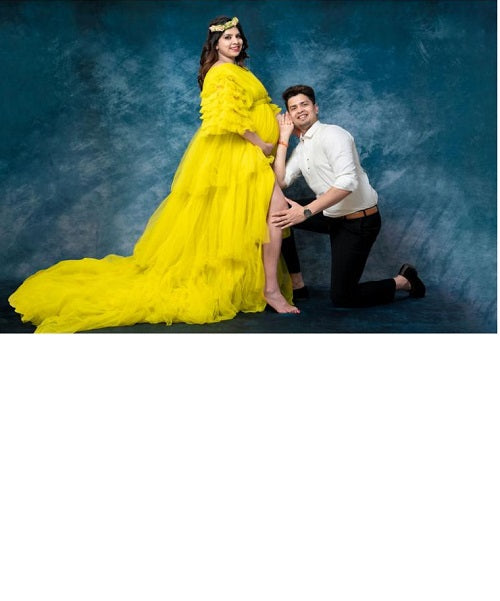 G552, Green Tea Ruffled Slit Cut Maternity Shoot Gown, Size: All, Color: All