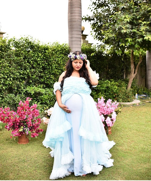 G325, Ice Blue Ruffled Maternity Shoot Gown, Size: All, Color: All